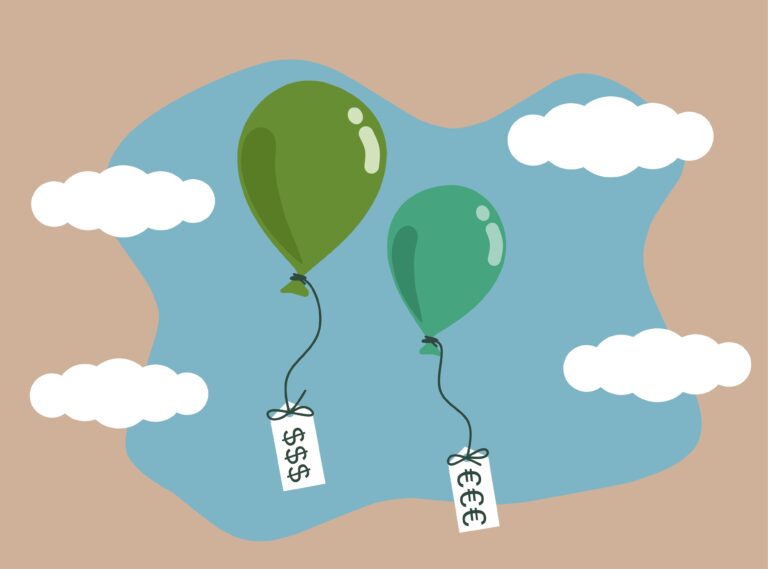 Image is 2 balloons flying through the sky with price tags attached